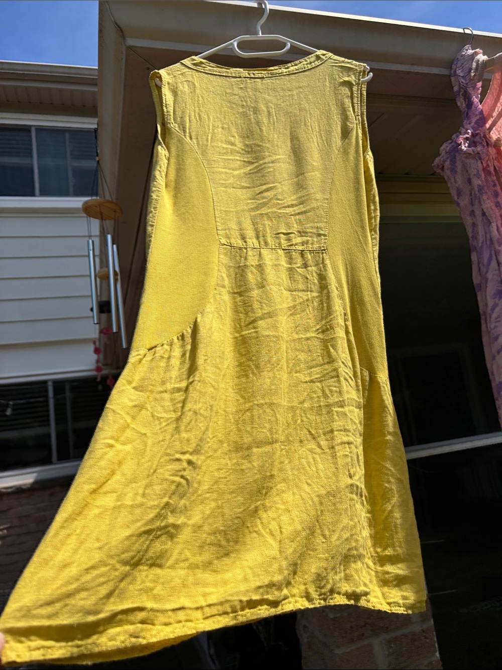 59. Sleeveless Sunny Yellow Linen Mini Dress with Mother of Pearl Button Front - Picture 4 of 17